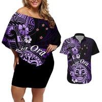 Aotearoa Kia Ora New Zealand Ta Moko Purple Version Couples Matching Off Shoulder Short Dress and Hawaiian Shirt LT01 Purple - Polynesian Pride