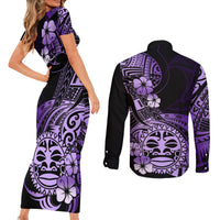 Aotearoa Kia Ora New Zealand Ta Moko Purple Version Couples Matching Short Sleeve Bodycon Dress and Long Sleeve Button Shirt LT01 - Polynesian Pride