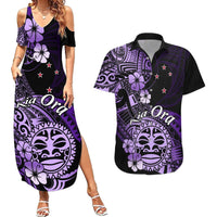Aotearoa Kia Ora New Zealand Ta Moko Purple Version Couples Matching Summer Maxi Dress and Hawaiian Shirt LT01 Purple - Polynesian Pride
