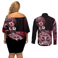 Aotearoa Kia Ora New Zealand Ta Moko Red Version Couples Matching Off Shoulder Short Dress and Long Sleeve Button Shirt LT01 - Polynesian Pride
