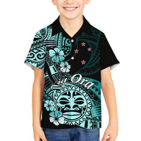 Aotearoa Kia Ora New Zealand Ta Moko Turquoise Version Family Matching Off Shoulder Long Sleeve Dress and Hawaiian Shirt LT01 Son's Shirt Turquoise - Polynesian Pride