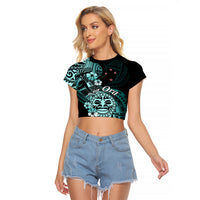 Aotearoa Kia Ora New Zealand Ta Moko Turquoise Version Raglan Cropped T Shirt LT01 Female Turquoise - Polynesian Pride