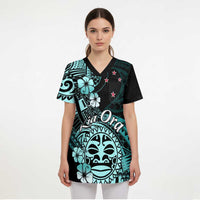 Aotearoa Kia Ora New Zealand Ta Moko Turquoise Version Scrub Top LT01 - Polynesian Pride