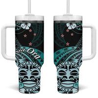 Aotearoa Kia Ora New Zealand Ta Moko Turquoise Version Tumbler With Handle LT01 One Size: 40 oz Turquoise - Polynesian Pride
