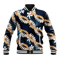 Puakenikeni Maile Lei Baseball Jacket Frangipani Blue Tropical Leaves LT01 Unisex Blue - Polynesian Pride