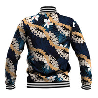 Puakenikeni Maile Lei Baseball Jacket Frangipani Blue Tropical Leaves LT01 - Polynesian Pride