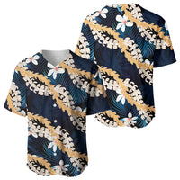 Puakenikeni Maile Lei Baseball Jersey Frangipani Blue Tropical Leaves LT01 - Polynesian Pride