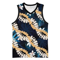 Puakenikeni Maile Lei Basketball Jersey Frangipani Blue Tropical Leaves LT01 Unisex Blue - Polynesian Pride