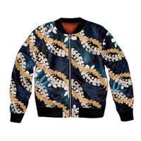 Puakenikeni Maile Lei Bomber Jacket Frangipani Blue Tropical Leaves LT01 Unisex Blue - Polynesian Pride