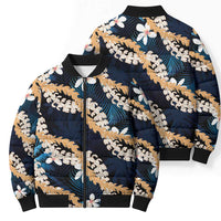 Puakenikeni Maile Lei Bomber Puffer Jacket Frangipani Blue Tropical Leaves LT01 - Polynesian Pride