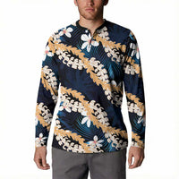Puakenikeni Maile Lei Button Sweatshirt Frangipani Blue Tropical Leaves LT01 - Polynesian Pride