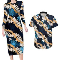 Puakenikeni Maile Lei Couples Matching Long Sleeve Bodycon Dress and Hawaiian Shirt Frangipani Blue Tropical Leaves