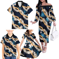 Puakenikeni Maile Lei Family Matching Off The Shoulder Long Sleeve Dress and Hawaiian Shirt Frangipani Blue Tropical Leaves