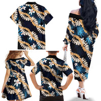 Puakenikeni Maile Lei Family Matching Off The Shoulder Long Sleeve Dress and Hawaiian Shirt Frangipani Blue Tropical Leaves
