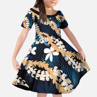 Puakenikeni Maile Lei Family Matching Off Shoulder Maxi Dress and Hawaiian Shirt Frangipani Blue Tropical Leaves