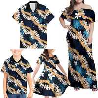 Puakenikeni Maile Lei Family Matching Off Shoulder Maxi Dress and Hawaiian Shirt Frangipani Blue Tropical Leaves