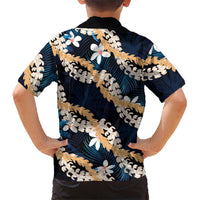 Puakenikeni Maile Lei Family Matching Short Sleeve Bodycon Dress and Hawaiian Shirt Frangipani Blue Tropical Leaves