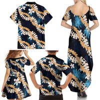 Puakenikeni Maile Lei Family Matching Summer Maxi Dress and Hawaiian Shirt Frangipani Blue Tropical Leaves