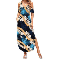 Puakenikeni Maile Lei Family Matching Summer Maxi Dress and Hawaiian Shirt Frangipani Blue Tropical Leaves