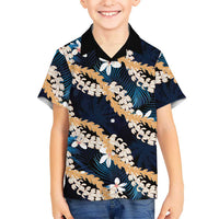Puakenikeni Maile Lei Family Matching Tank Maxi Dress and Hawaiian Shirt Frangipani Blue Tropical Leaves