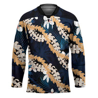 Puakenikeni Maile Lei Hockey Jersey Frangipani Blue Tropical Leaves LT01 Unisex Blue - Polynesian Pride