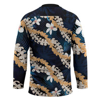 Puakenikeni Maile Lei Hockey Jersey Frangipani Blue Tropical Leaves LT01 - Polynesian Pride