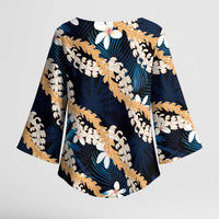 Puakenikeni Maile Lei Kimono Sleeve Blouse Frangipani Blue Tropical Leaves LT01 - Polynesian Pride