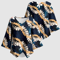 Puakenikeni Maile Lei Kimono Sleeve Blouse Frangipani Blue Tropical Leaves LT01 - Polynesian Pride