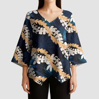Puakenikeni Maile Lei Kimono Sleeve Blouse Frangipani Blue Tropical Leaves LT01 - Polynesian Pride