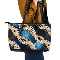 Puakenikeni Maile Lei Leather Tote Bag Frangipani Blue Tropical Leaves LT01 - Polynesian Pride
