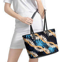 Puakenikeni Maile Lei Leather Tote Bag Frangipani Blue Tropical Leaves LT01 - Polynesian Pride