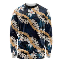 Puakenikeni Maile Lei Long Sleeve Shirt Frangipani Blue Tropical Leaves LT01 Unisex Blue - Polynesian Pride