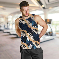 Puakenikeni Maile Lei Men Tank Top Frangipani Blue Tropical Leaves LT01 Blue - Polynesian Pride