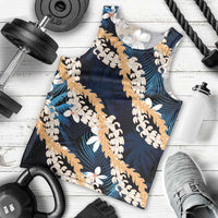 Puakenikeni Maile Lei Men Tank Top Frangipani Blue Tropical Leaves LT01 - Polynesian Pride