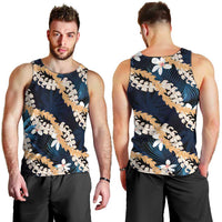 Puakenikeni Maile Lei Men Tank Top Frangipani Blue Tropical Leaves LT01 - Polynesian Pride