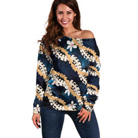 Puakenikeni Maile Lei Off Shoulder Sweater Frangipani Blue Tropical Leaves LT01 Women Blue - Polynesian Pride