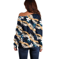 Puakenikeni Maile Lei Off Shoulder Sweater Frangipani Blue Tropical Leaves LT01 - Polynesian Pride
