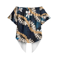 Puakenikeni Maile Lei Off Shoulder Wrap Waist Top Frangipani Blue Tropical Leaves LT01 - Polynesian Pride
