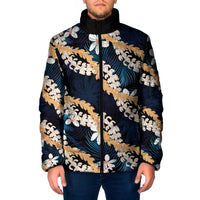 Puakenikeni Maile Lei Padded Jacket Frangipani Blue Tropical Leaves LT01 Men Blue - Polynesian Pride