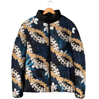 Puakenikeni Maile Lei Padded Jacket Frangipani Blue Tropical Leaves LT01 - Polynesian Pride