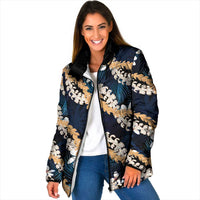 Puakenikeni Maile Lei Padded Jacket Frangipani Blue Tropical Leaves LT01 Women Blue - Polynesian Pride