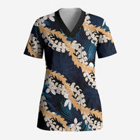 Puakenikeni Maile Lei Scrub Top Frangipani Blue Tropical Leaves LT01 Adult Blue - Polynesian Pride