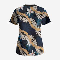 Puakenikeni Maile Lei Scrub Top Frangipani Blue Tropical Leaves LT01 - Polynesian Pride