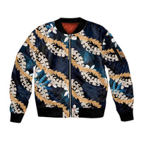 Puakenikeni Maile Lei Sleeve Zip Bomber Jacket Frangipani Blue Tropical Leaves LT01 Unisex Blue - Polynesian Pride