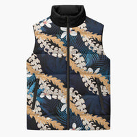 Puakenikeni Maile Lei Sleeveless Puffer Jacket Frangipani Blue Tropical Leaves LT01 Unisex Blue - Polynesian Pride