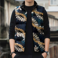 Puakenikeni Maile Lei Sleeveless Puffer Jacket Frangipani Blue Tropical Leaves LT01 - Polynesian Pride
