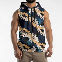 Puakenikeni Maile Lei Sleeveless Zip Hoodie Frangipani Blue Tropical Leaves
