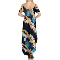 Puakenikeni Maile Lei Summer Maxi Dress Frangipani Blue Tropical Leaves LT01 - Polynesian Pride