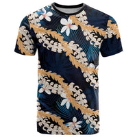 Puakenikeni Maile Lei T Shirt Frangipani Blue Tropical Leaves LT01 Blue - Polynesian Pride