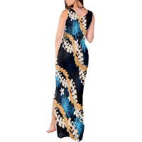 Puakenikeni Maile Lei Tank Maxi Dress Frangipani Blue Tropical Leaves LT01 - Polynesian Pride
